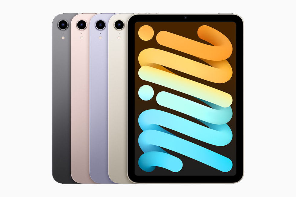 O iPad mini vem com uma nova variedade de acabamentos, incluindo cinza espacial, rosa, roxo e luz das estrelas.
